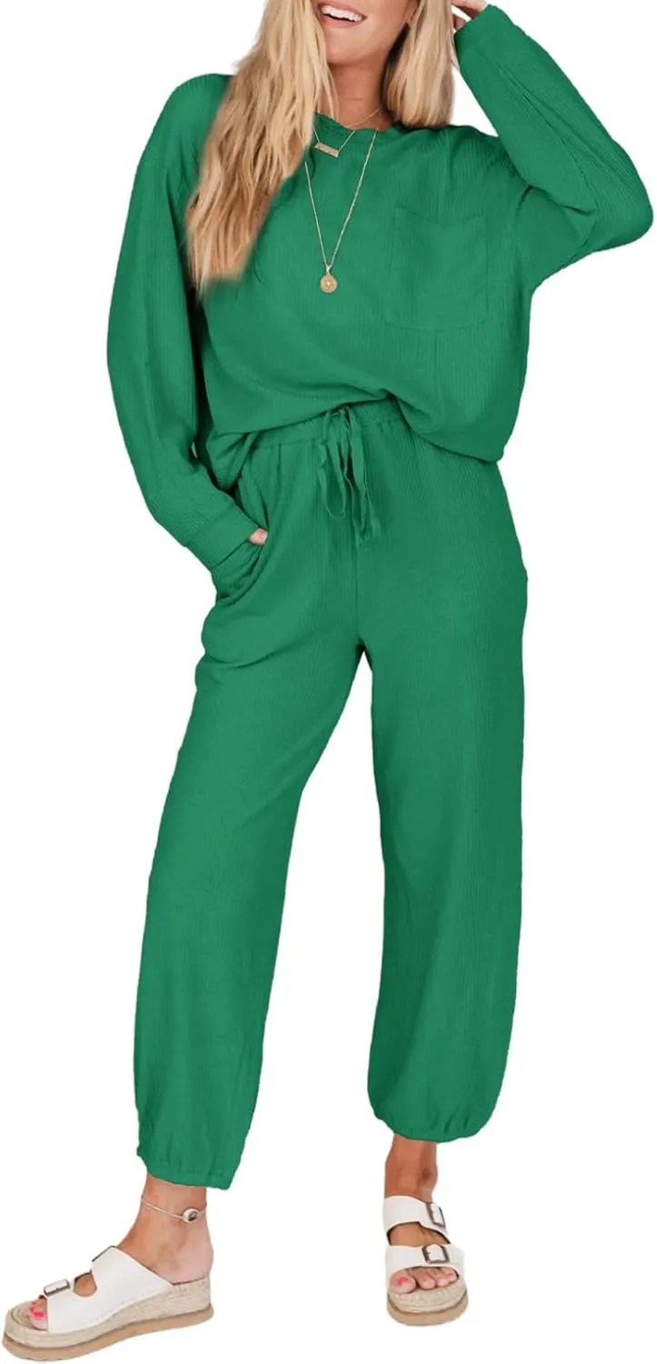 SHEWIN Women's 2 Piece Outfits Waffle Knit Lounge Sets Casual Long Sleeve Pullover Drawstring Jogger Pants Tracksuit Set