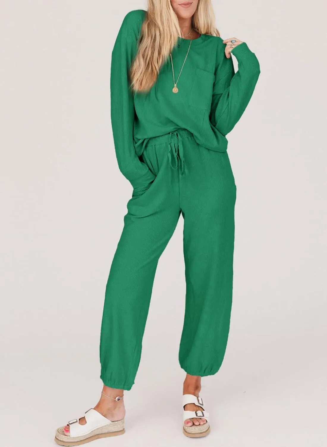 SHEWIN Women's 2 Piece Outfits Waffle Knit Lounge Sets Casual Long Sleeve Pullover Drawstring Jogger Pants Tracksuit Set