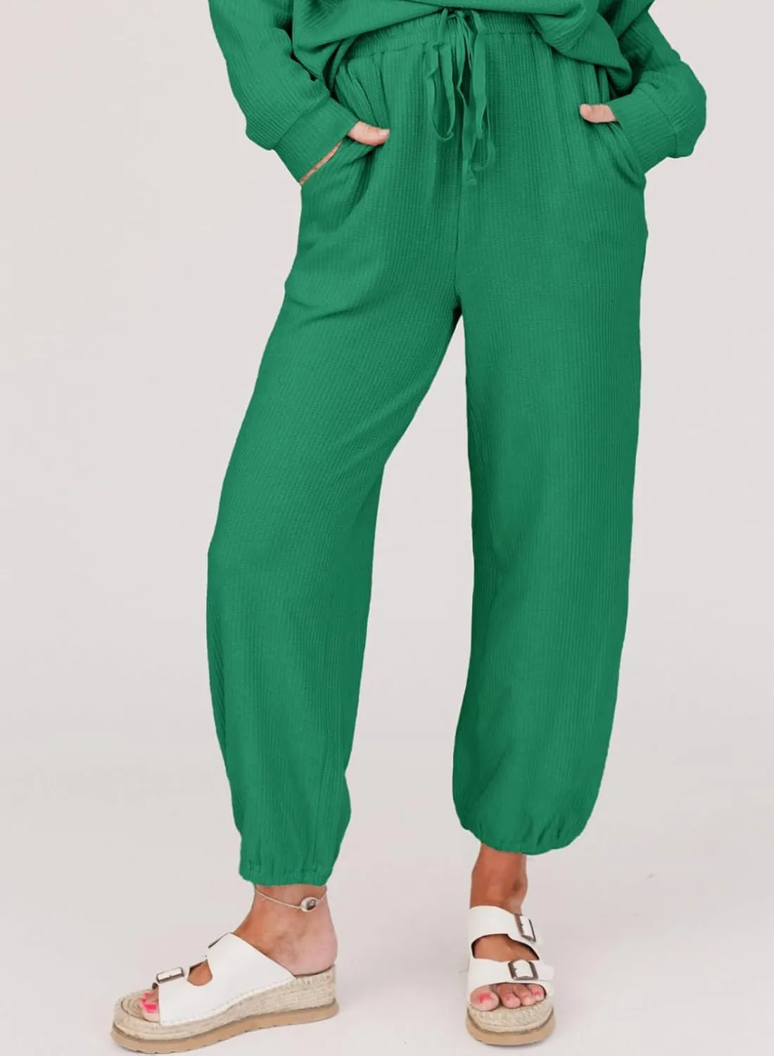 SHEWIN Women's 2 Piece Outfits Waffle Knit Lounge Sets Casual Long Sleeve Pullover Drawstring Jogger Pants Tracksuit Set