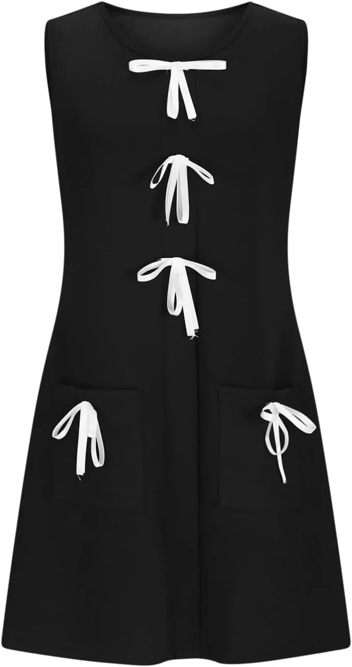 Sinzelimin Womens Tank Dresses Fashion Bow Printed Sleeveless Round-Neck Pullover Dress Loose Comfy Summer Beach Sundress