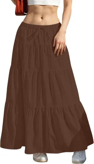 Skirt for Women Pleated Ruffled Tiered Maxi Length Skorts Drawstring Loose Stretchy High Waist Basic Casual 2025 Y2K