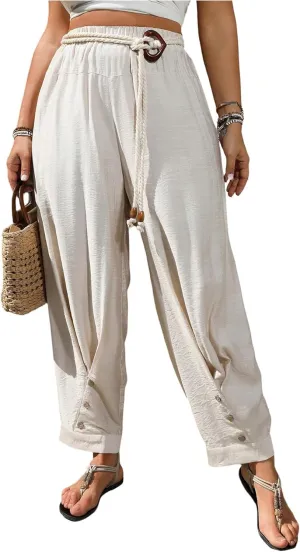 SOLY HUX Women's Plus Size Wide Leg Pants High Waist Baggy Cinch Bottom with Button Casual Trousers