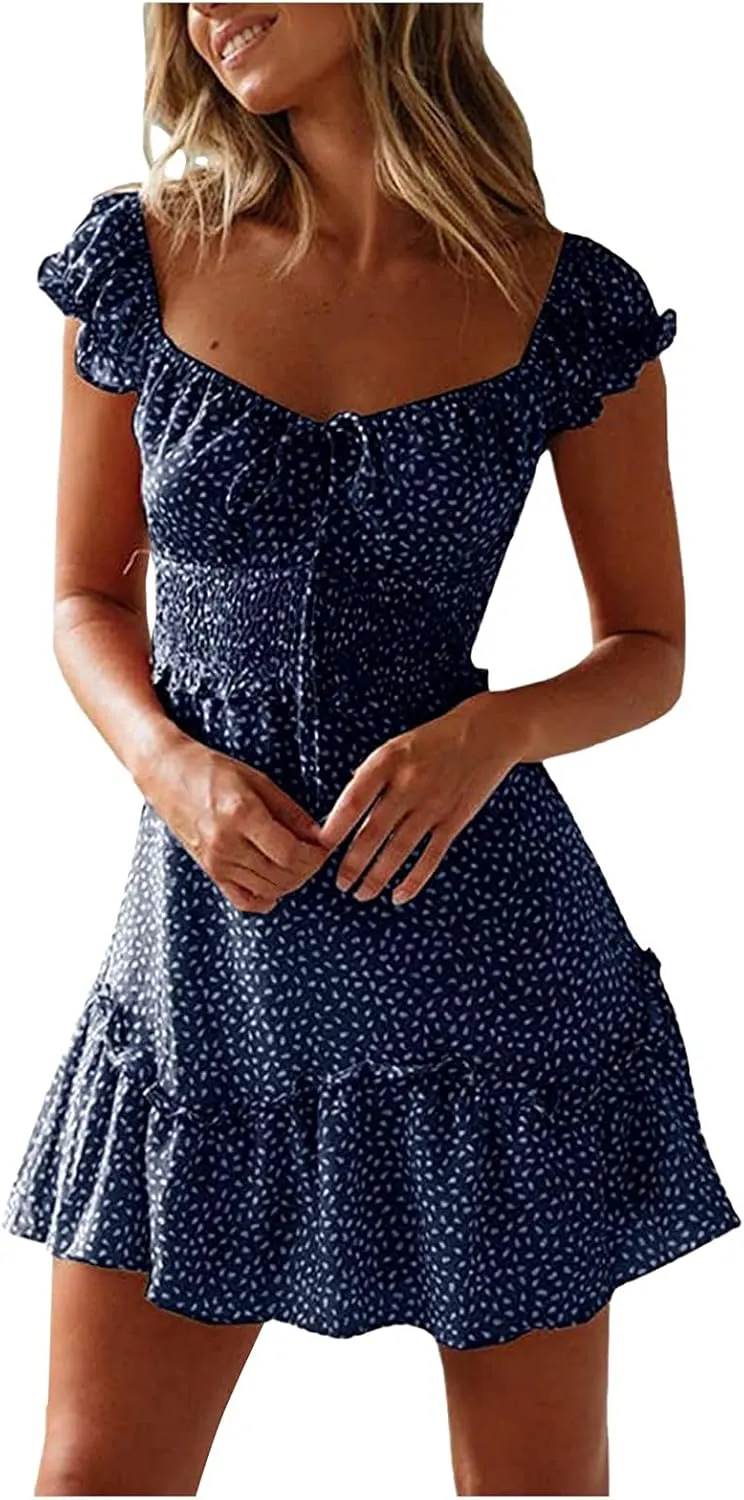Square Neck Mini Dress for Women Short Sleeve Tie Front Smocked Dress Summer Floral Print Ruffle Vacation Beach Dress