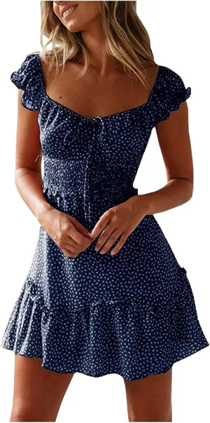 Square Neck Mini Dress for Women Short Sleeve Tie Front Smocked Dress Summer Floral Print Ruffle Vacation Beach Dress