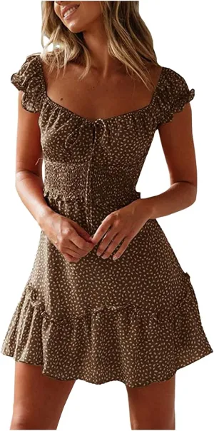 Square Neck Mini Dress for Women Short Sleeve Tie Front Smocked Dress Summer Floral Print Ruffle Vacation Beach Dress