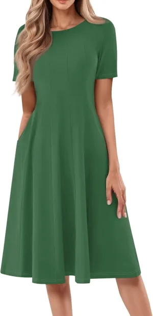 Summer Dresses for Women 2025 Beach Vacation Elegant Midi Sun Dress Crewneck Short Sleeve A Line Dress Side Pockets