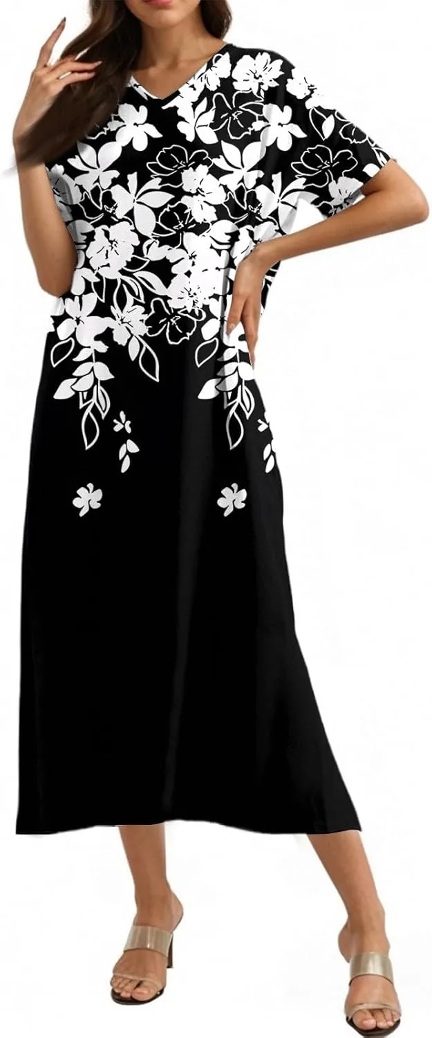 Summer Dresses for Women 2025 Short Sleeve V Neck Casual Loose Dresses Bohemian Floral Print Sundress