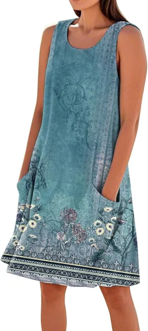 Summer Dresses for Women 2025 Sleeveless Beach T Shirt Dress Loose Casual Tank Dress U Neck Sundresses with Pockets