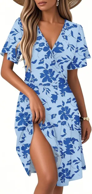 Summer Dresses for Women 2025 Wrap V Neck Floral Printed Sundresses Flowy Dress Short Sleeve Beach Vacation Dress