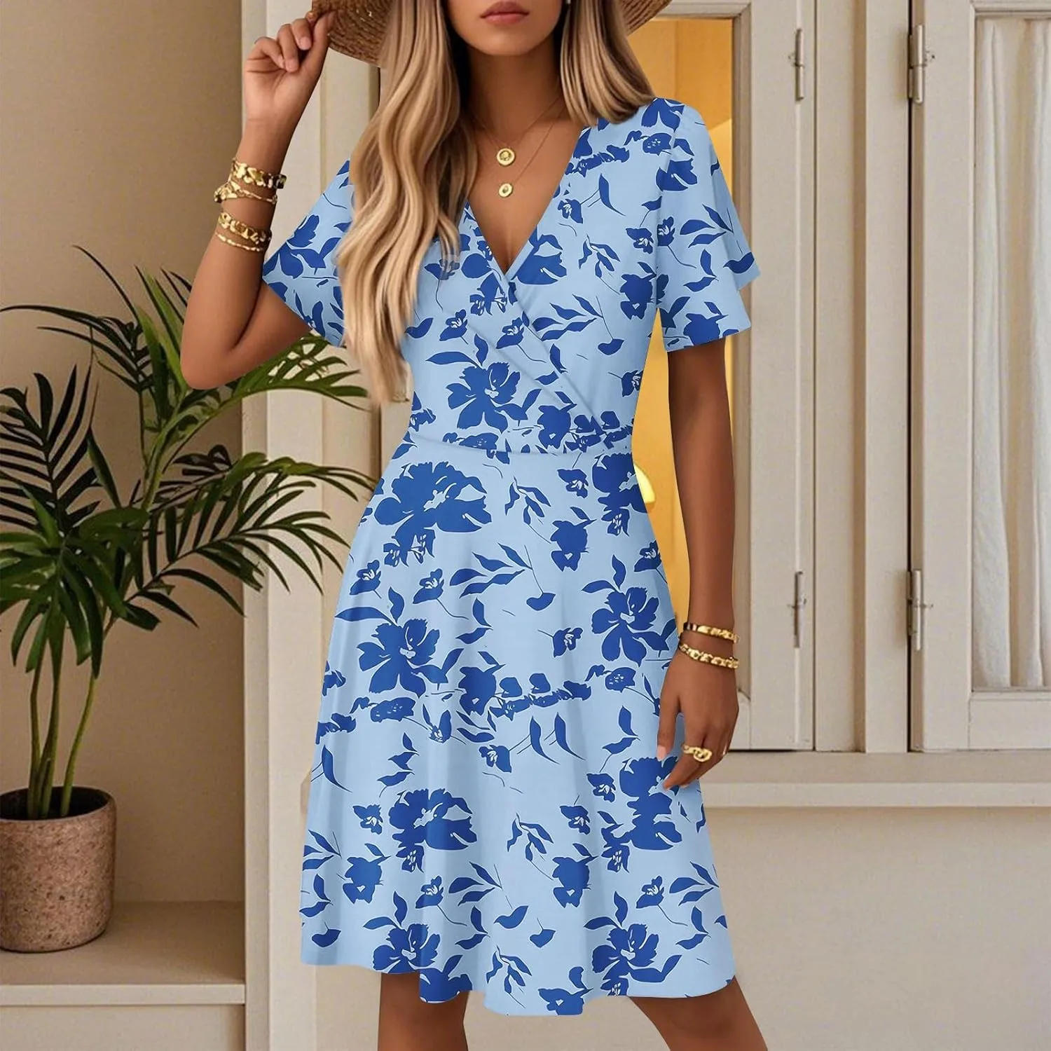 Summer Dresses for Women 2025 Wrap V Neck Floral Printed Sundresses Flowy Dress Short Sleeve Beach Vacation Dress