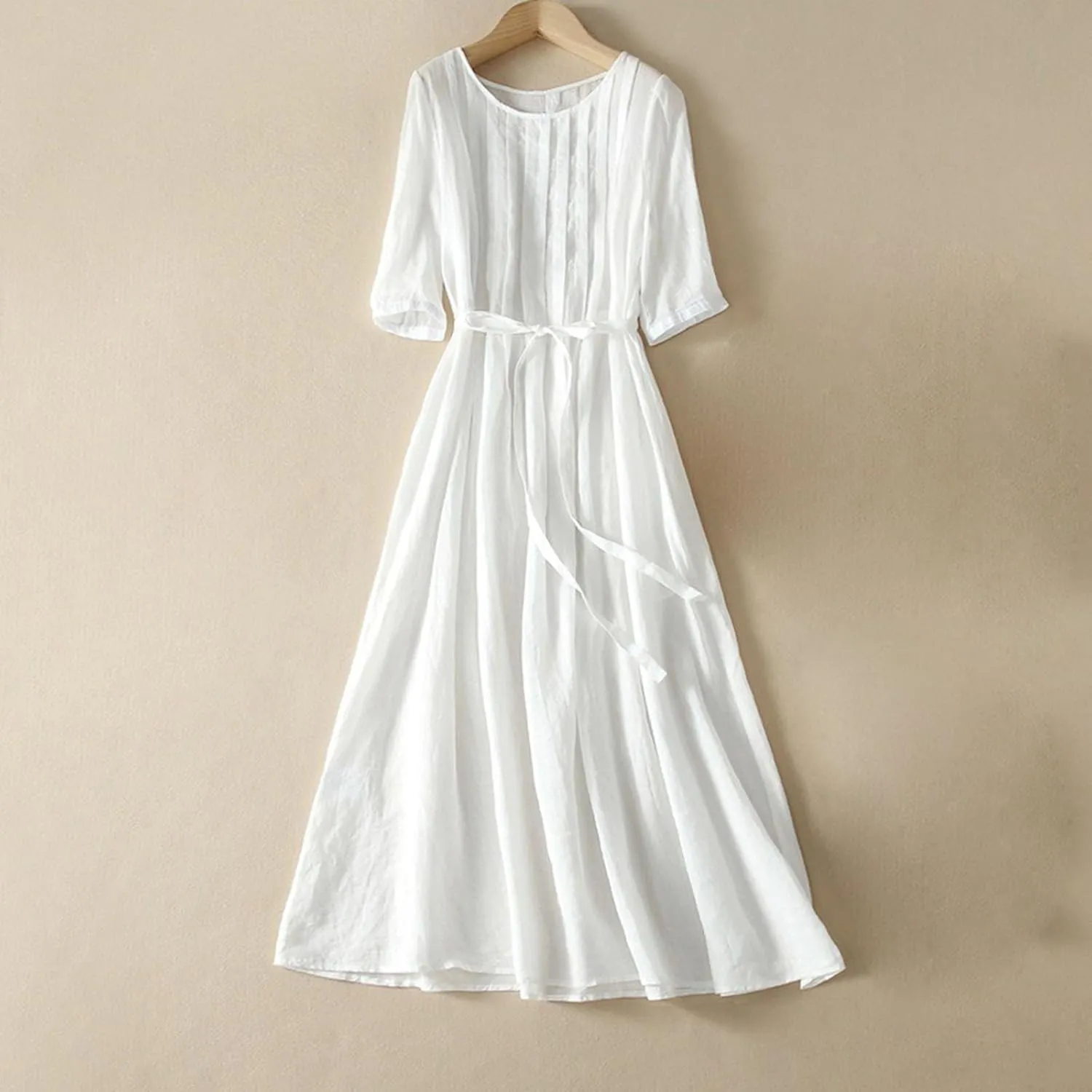 Summer Fashion Cotton Linen Shirt Dresses Women Short Sleeve Button Down High Waist Slim Long Dress Casual Maxi Dress