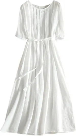Summer Fashion Cotton Linen Shirt Dresses Women Short Sleeve Button Down High Waist Slim Long Dress Casual Maxi Dress