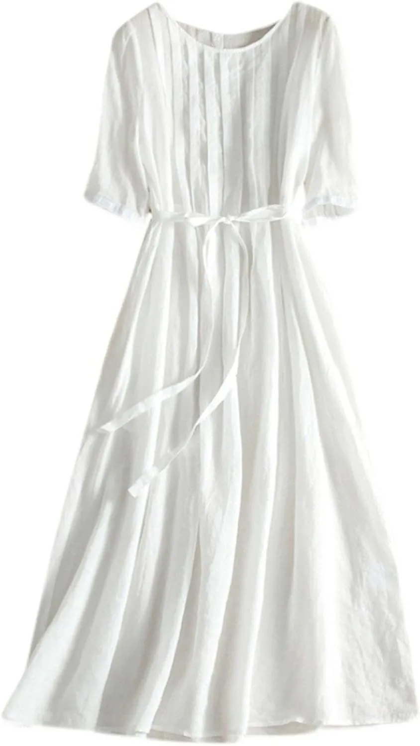 Summer Fashion Cotton Linen Shirt Dresses Women Short Sleeve Button Down High Waist Slim Long Dress Casual Maxi Dress