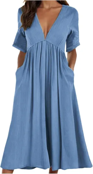Sun Dresses for Women 2025 Summer Deep V Neck Drees Short Sleeve Boho Sundress Flowy Denim Maxi Dresses with Pockets