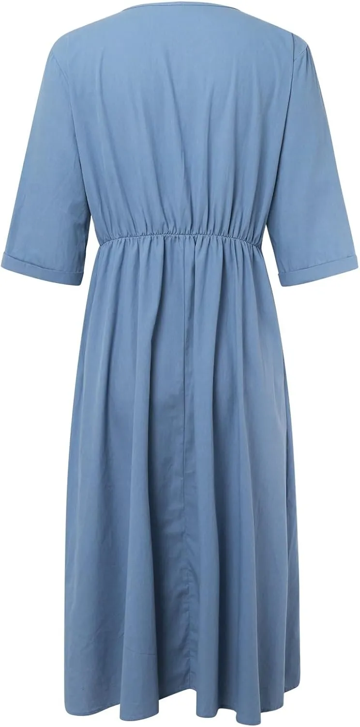 Sun Dresses for Women 2025 Summer Deep V Neck Drees Short Sleeve Boho Sundress Flowy Denim Maxi Dresses with Pockets
