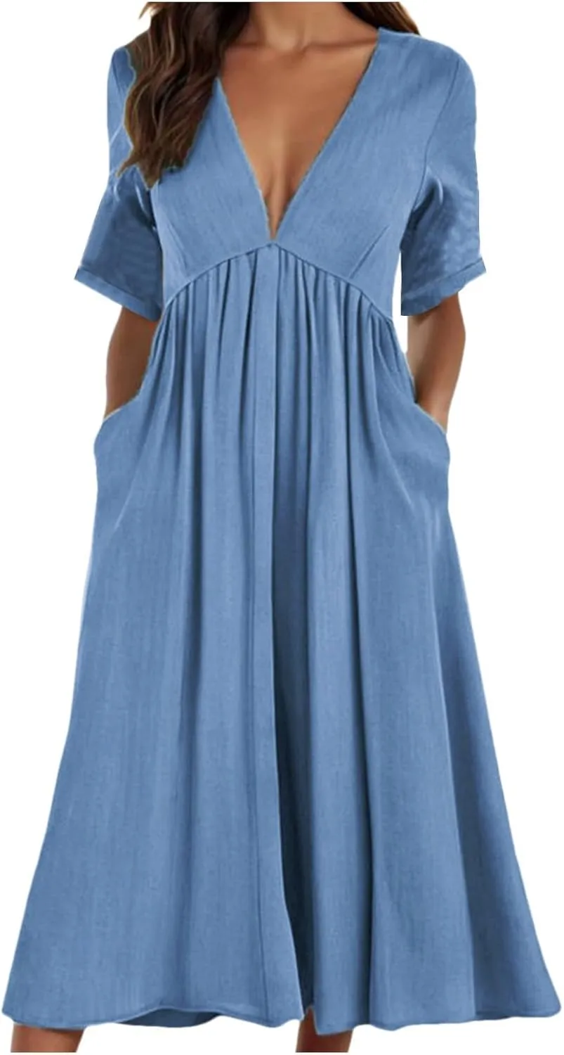 Sun Dresses for Women 2025 Summer Deep V Neck Drees Short Sleeve Boho Sundress Flowy Denim Maxi Dresses with Pockets