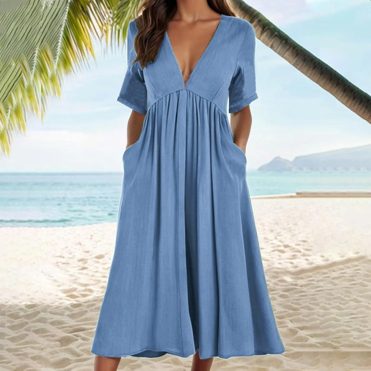Sun Dresses for Women 2025 Summer Deep V Neck Drees Short Sleeve Boho Sundress Flowy Denim Maxi Dresses with Pockets