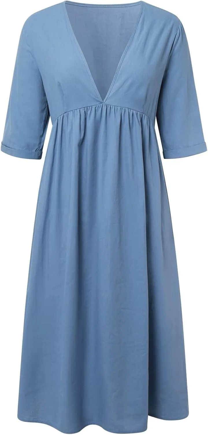 Sun Dresses for Women 2025 Summer Deep V Neck Drees Short Sleeve Boho Sundress Flowy Denim Maxi Dresses with Pockets