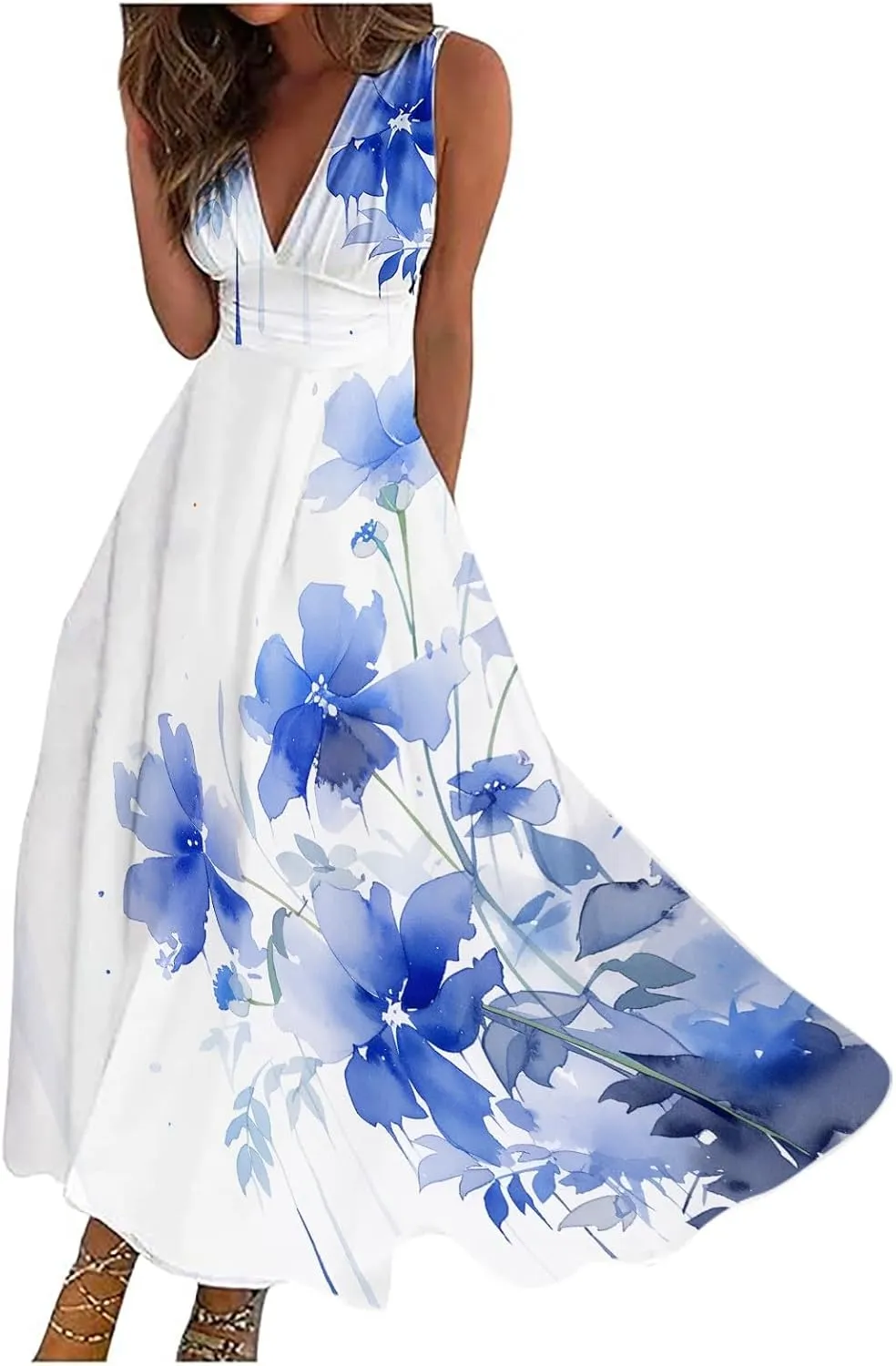 Sun Dresses for Women, Casual Spring Summer Elegant Wrap V Neck Sleeveless Maxi Dresses, Floral Print Flowy Beach Dress