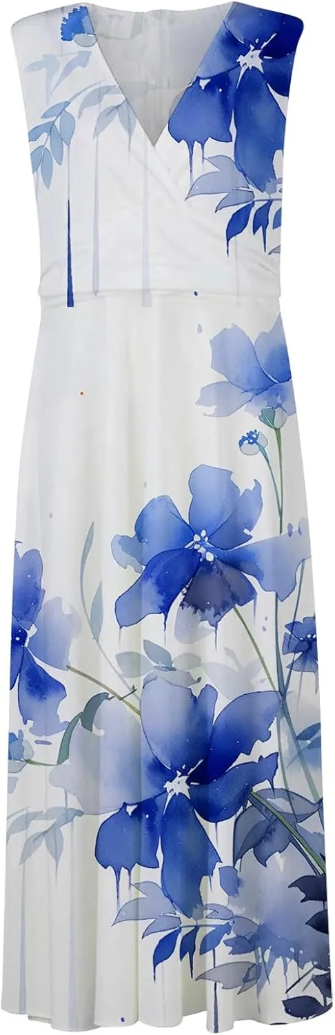 Sun Dresses for Women, Casual Spring Summer Elegant Wrap V Neck Sleeveless Maxi Dresses, Floral Print Flowy Beach Dress