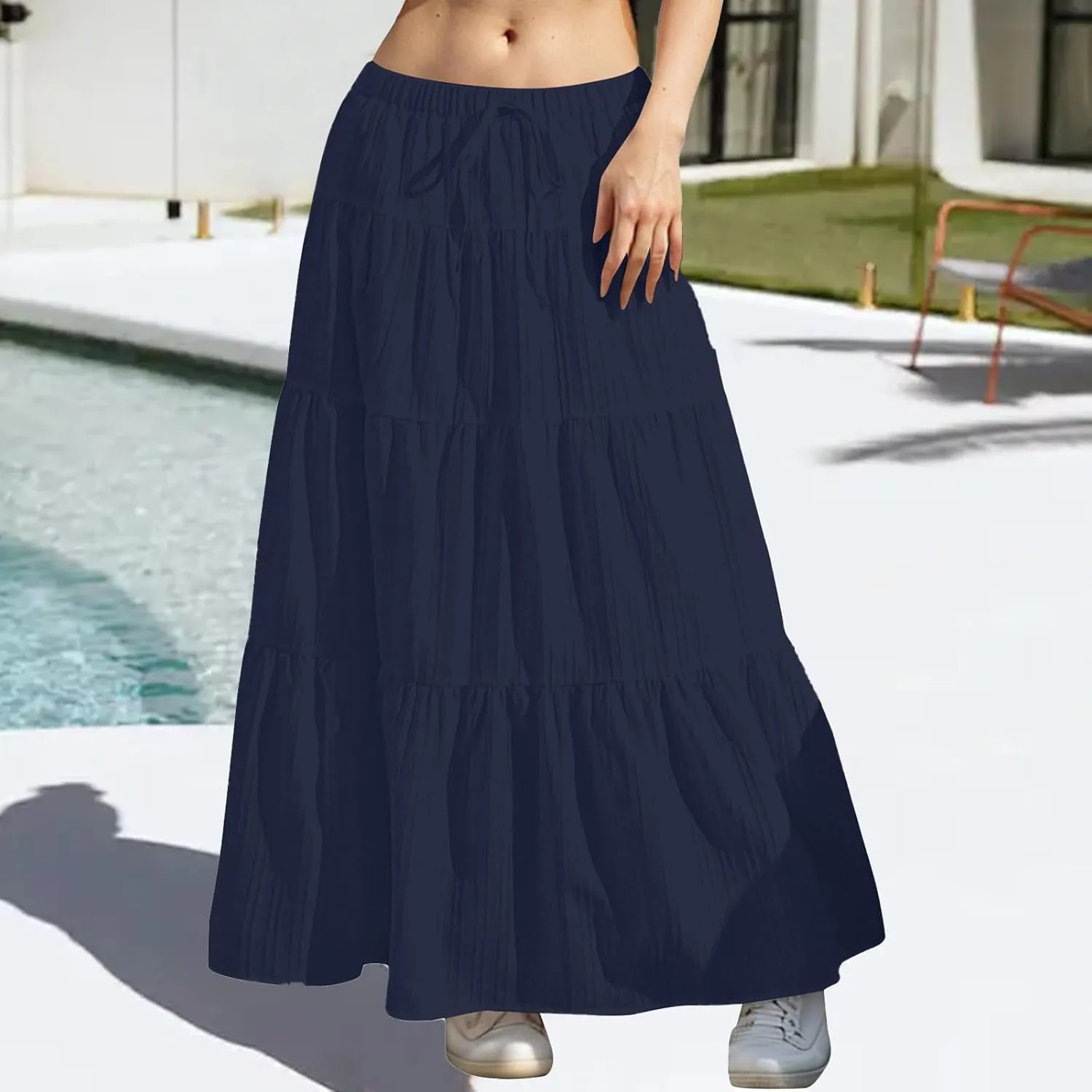 Tiered Long Skirts for Women Drawstring High Waisted Pleated Ruffle Maxi Skirt Flowy Swing Vacation Beach Skirt