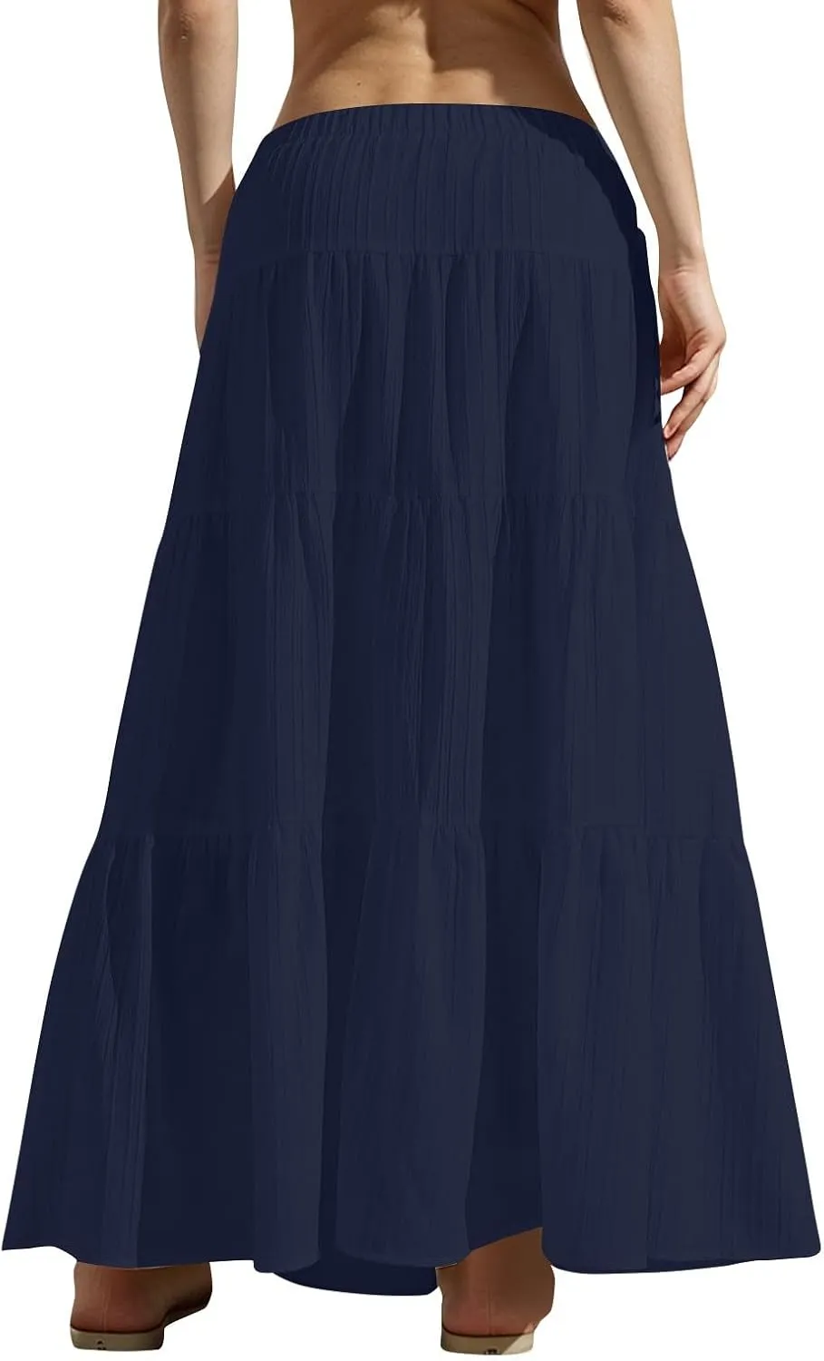 Tiered Long Skirts for Women Drawstring High Waisted Pleated Ruffle Maxi Skirt Flowy Swing Vacation Beach Skirt