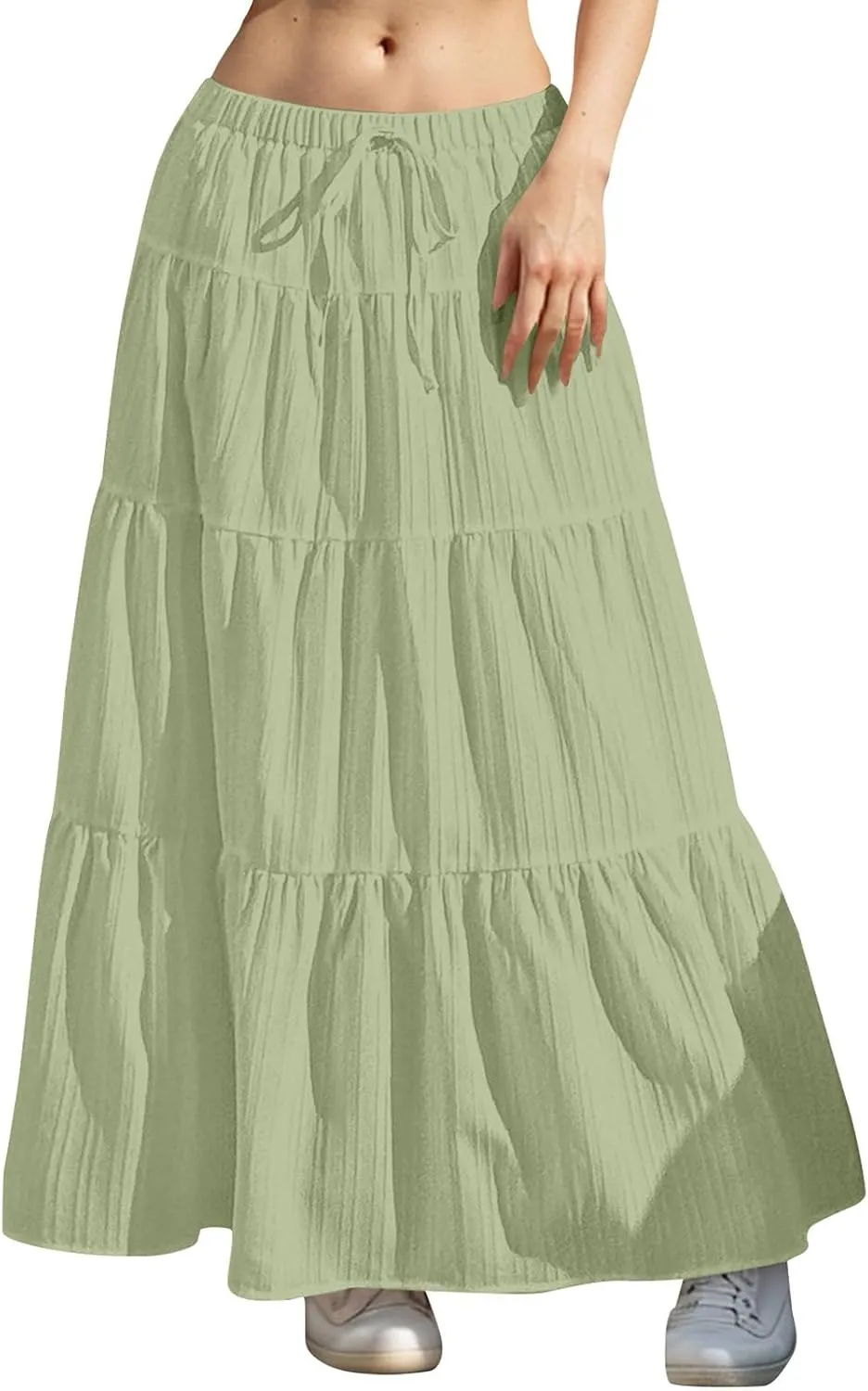 Tiered Long Skirts for Women Drawstring High Waisted Pleated Ruffle Maxi Skirt Flowy Swing Vacation Beach Skirt