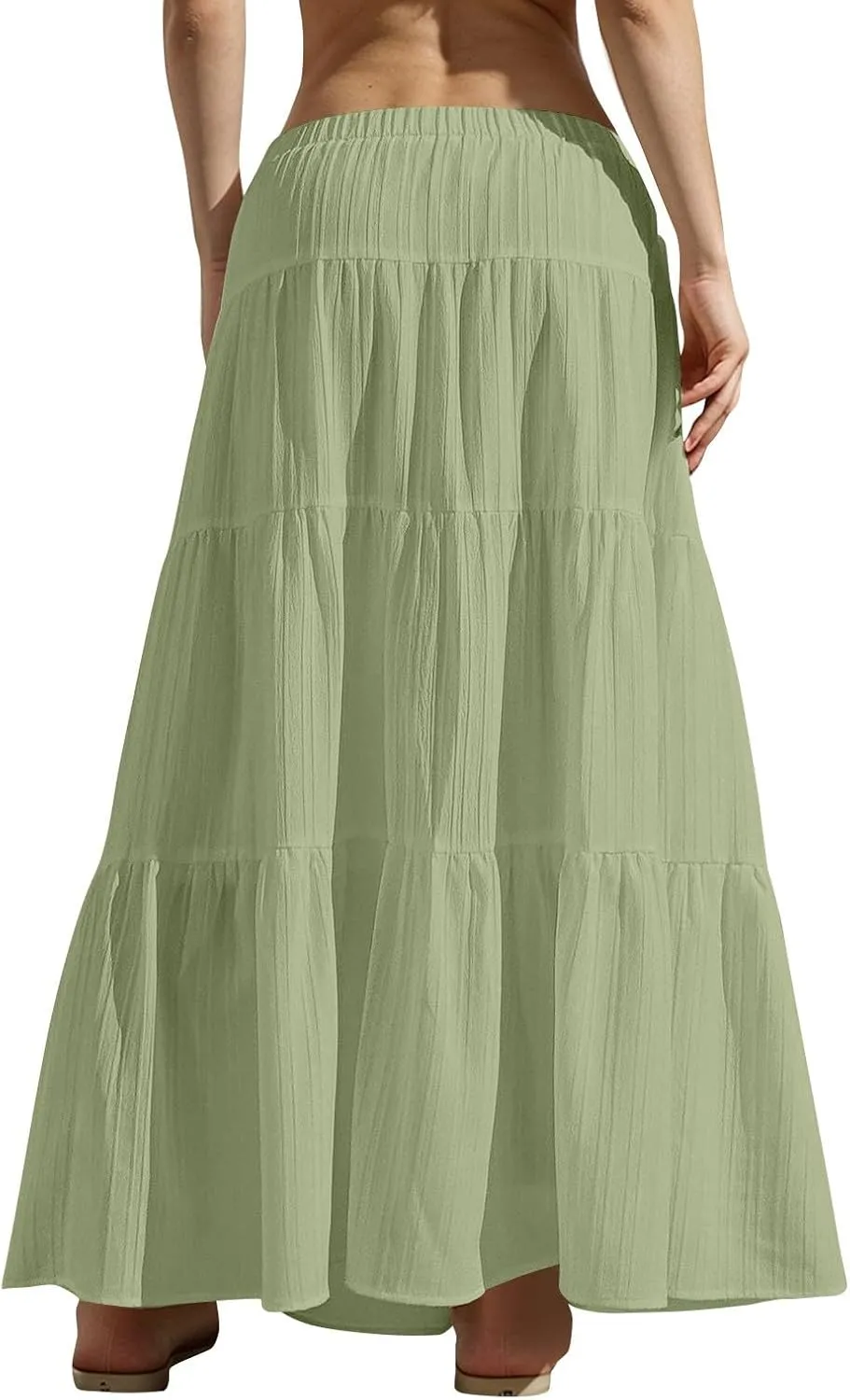 Tiered Long Skirts for Women Drawstring High Waisted Pleated Ruffle Maxi Skirt Flowy Swing Vacation Beach Skirt