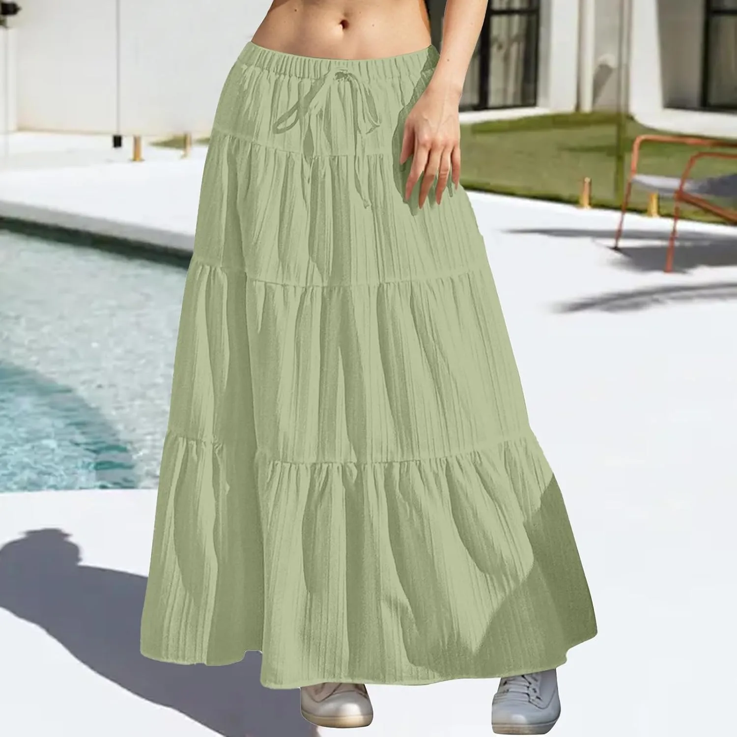 Tiered Long Skirts for Women Drawstring High Waisted Pleated Ruffle Maxi Skirt Flowy Swing Vacation Beach Skirt