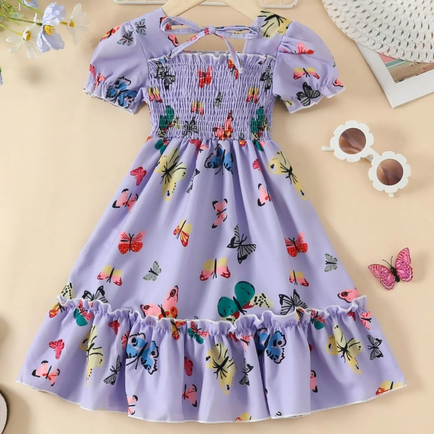 Toddler Girls Butterfly Square Neck Boho Dress Puff Sleeve A Line Midi Dresses Summer Smocked Pleated Dress
