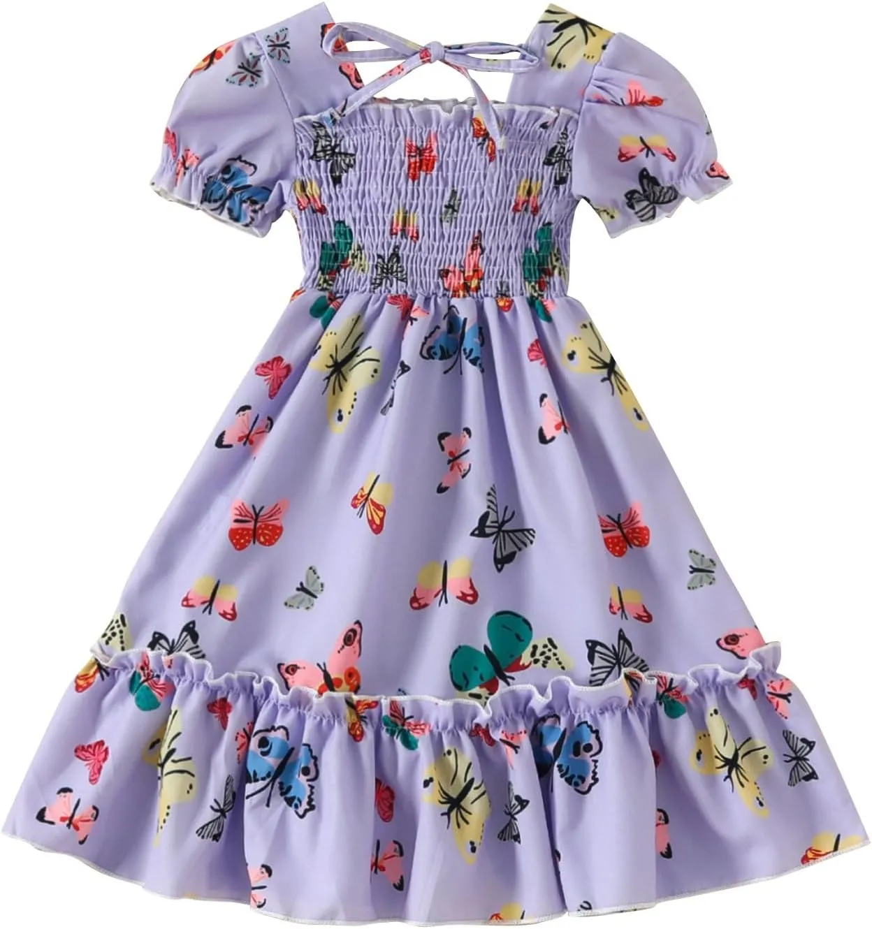 Toddler Girls Butterfly Square Neck Boho Dress Puff Sleeve A Line Midi Dresses Summer Smocked Pleated Dress