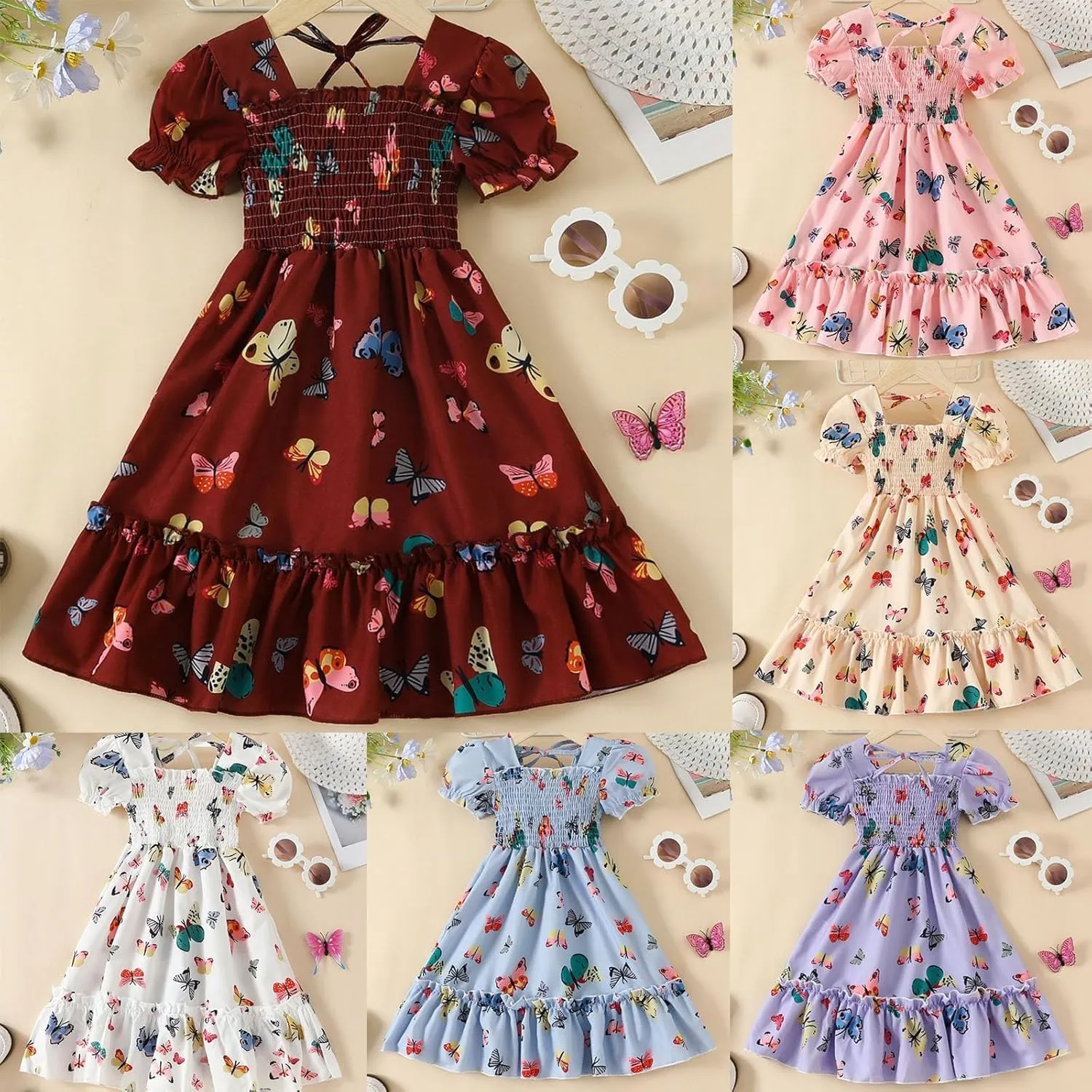 Toddler Girls Butterfly Square Neck Boho Dress Puff Sleeve A Line Midi Dresses Summer Smocked Pleated Dress