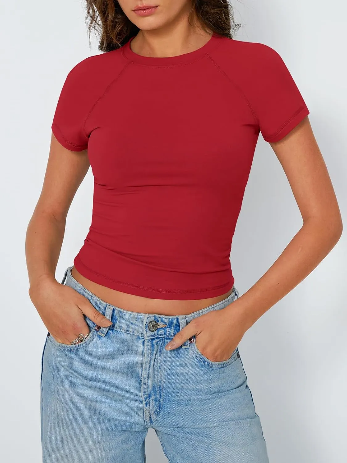 Trendy Queen Womens Short Sleeve Shirts Summer 2025 Raglan T Shirts Basic Tees Crewneck Crop Tops Slim Fit Y2K Clothes