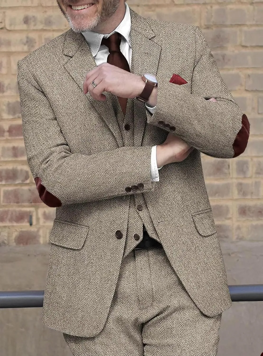 VENNYNG Mens Tweed Blazer Suit Wedding Groom Suit Vintage Jacket with Elbow Patches Men