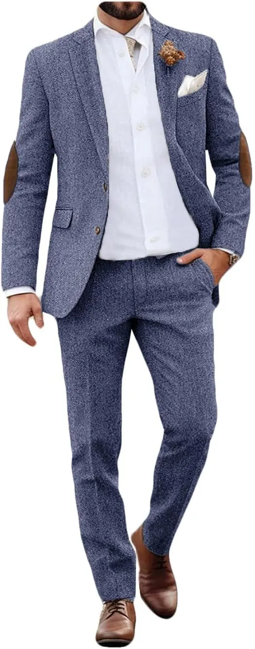 VENNYNG Mens Tweed Blazer Suit Wedding Groom Suit Vintage Jacket with Elbow Patches Men