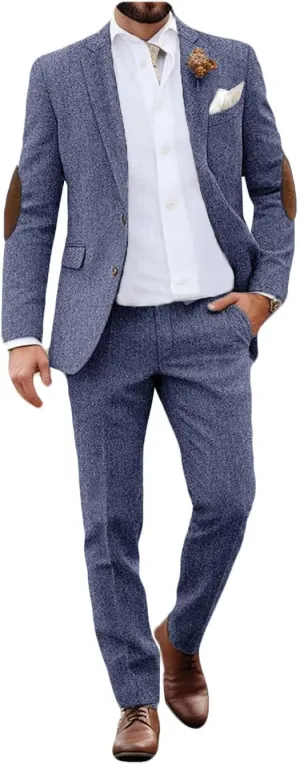VENNYNG Mens Tweed Blazer Suit Wedding Groom Suit Vintage Jacket with Elbow Patches Men