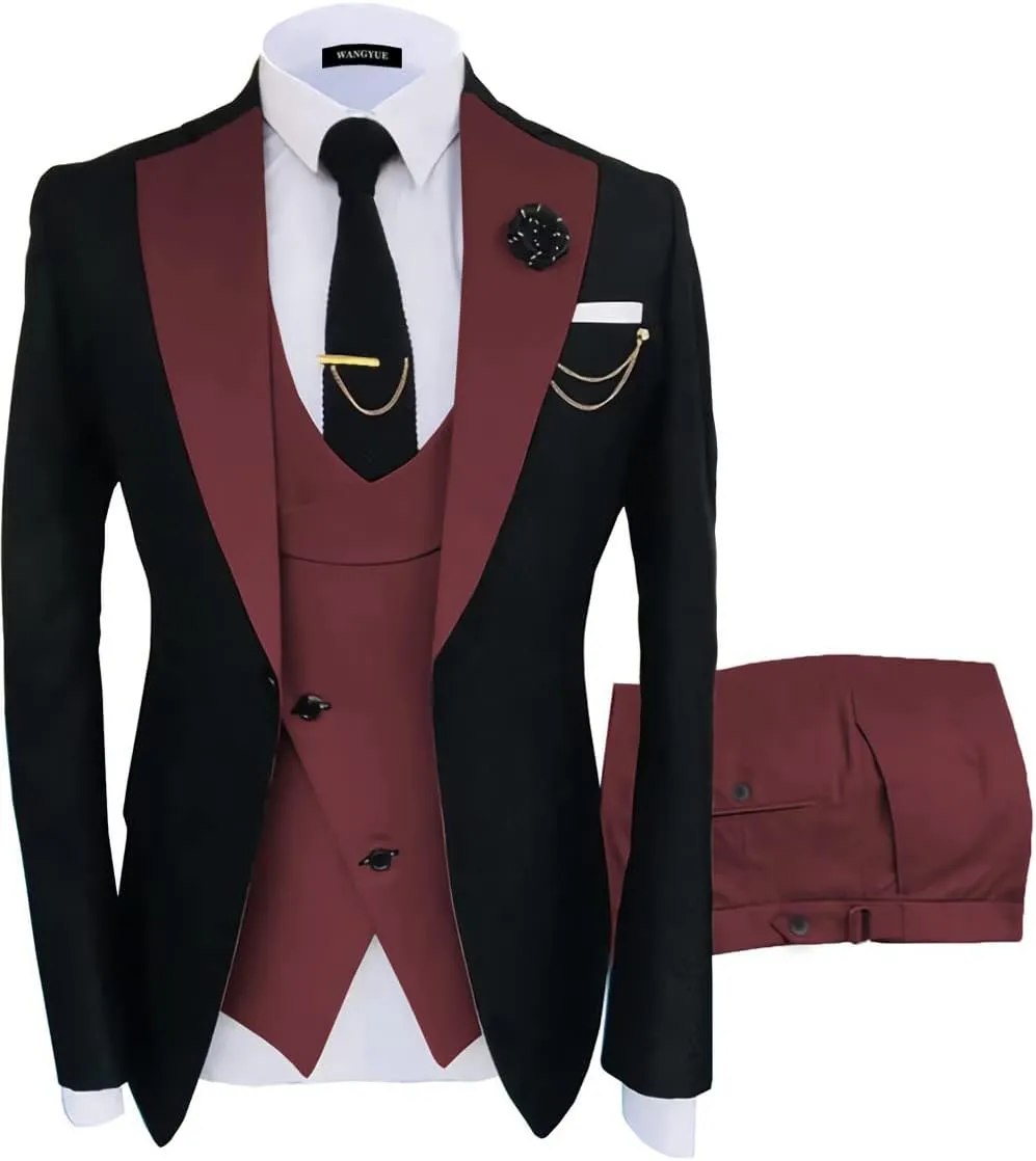 Wangyue Mens Suit Slim Fit 3 Piece Suits for Men Tuxedo Double Breasted Wedding Prom Tuxedo Party Blazer Vest Pants Set