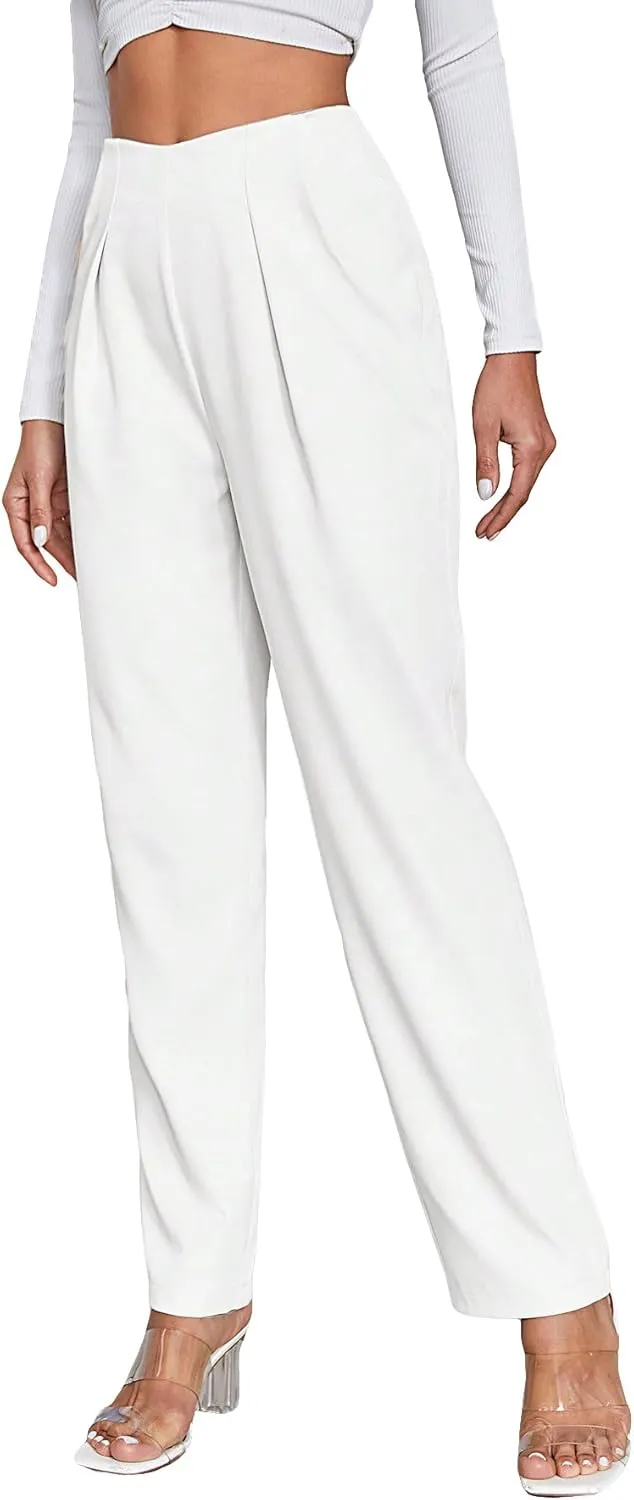 WDIRARA Women's High Waist Long Pants Straight Leg Work Office Trousers