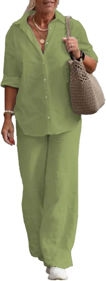 Women 2 Piece Cotton Linen Outfits Casual Loose Roll Sleeve Button Top Shirt High Waist Wide Leg Pants Sets