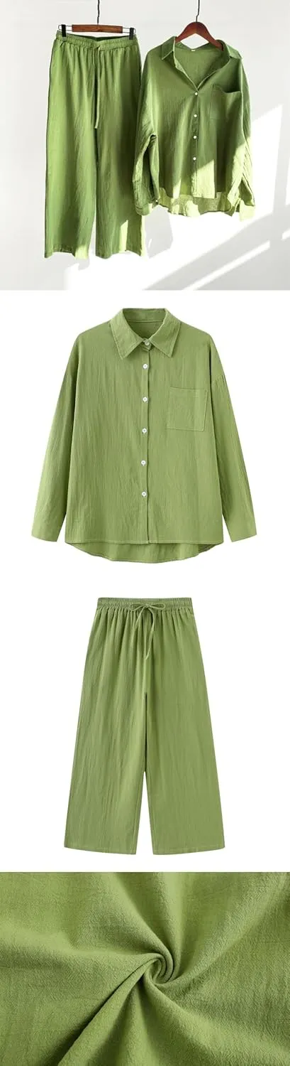 Women 2 Piece Cotton Linen Outfits Casual Loose Roll Sleeve Button Top Shirt High Waist Wide Leg Pants Sets