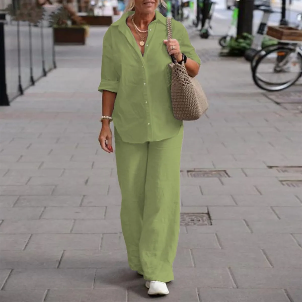 Women 2 Piece Cotton Linen Outfits Casual Loose Roll Sleeve Button Top Shirt High Waist Wide Leg Pants Sets