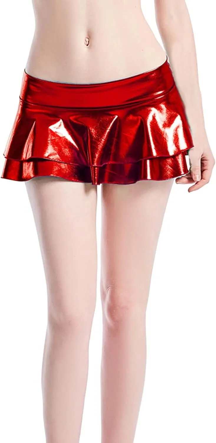 Women Double Layered Pleated Skorts Low Waist Shiny Leather Dancing Skirts Casual Glitter Flared A-Line Mini Skirt