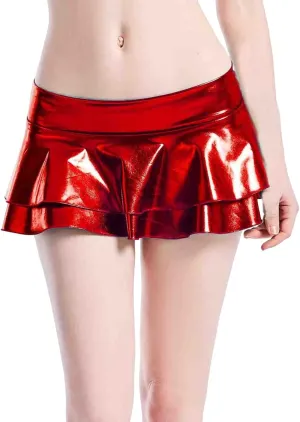 Women Double Layered Pleated Skorts Low Waist Shiny Leather Dancing Skirts Casual Glitter Flared A-Line Mini Skirt