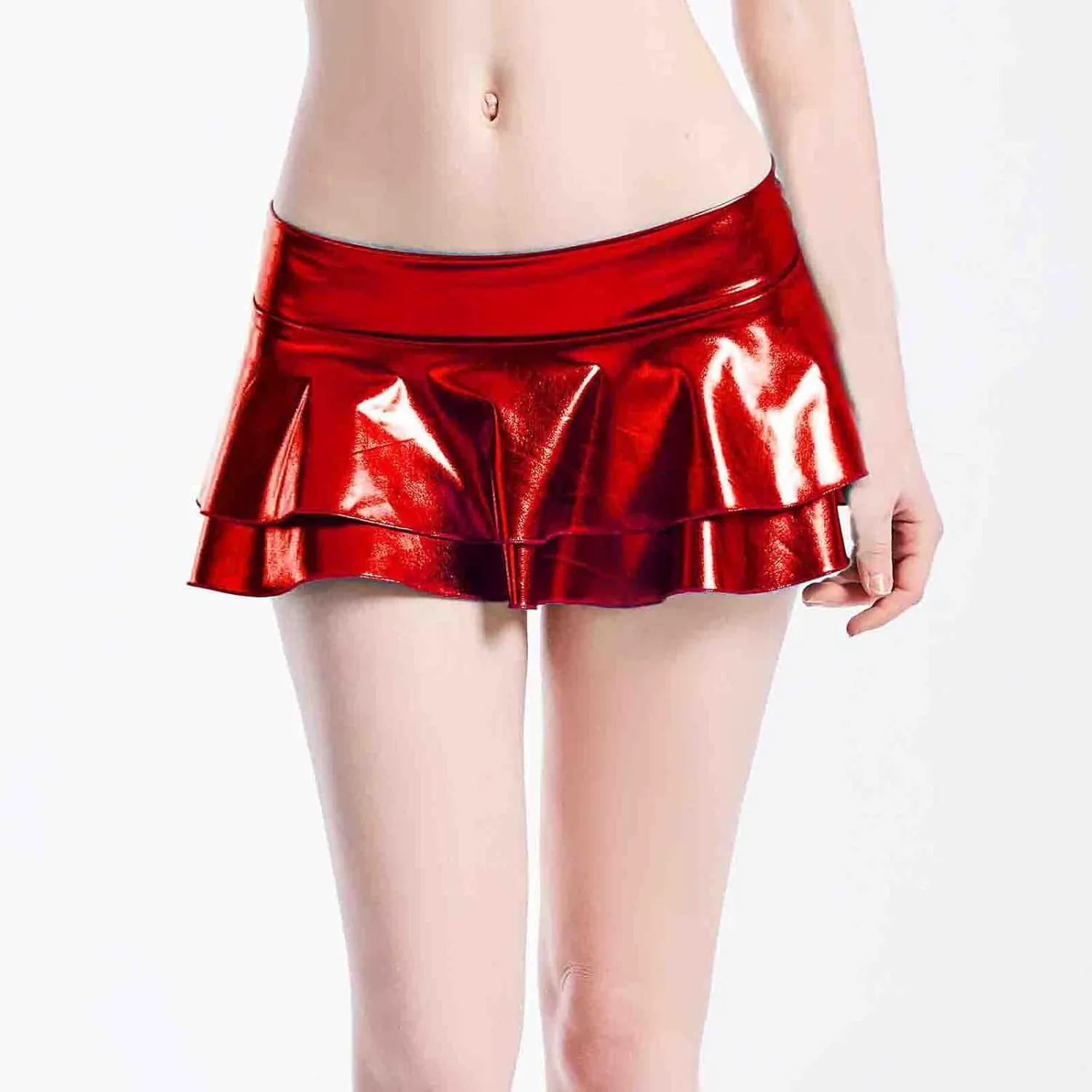 Women Double Layered Pleated Skorts Low Waist Shiny Leather Dancing Skirts Casual Glitter Flared A-Line Mini Skirt
