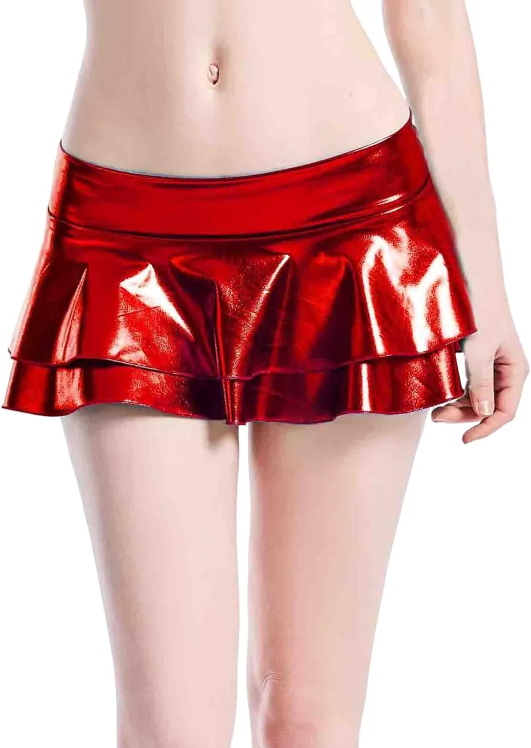 Women Double Layered Pleated Skorts Low Waist Shiny Leather Dancing Skirts Casual Glitter Flared A-Line Mini Skirt