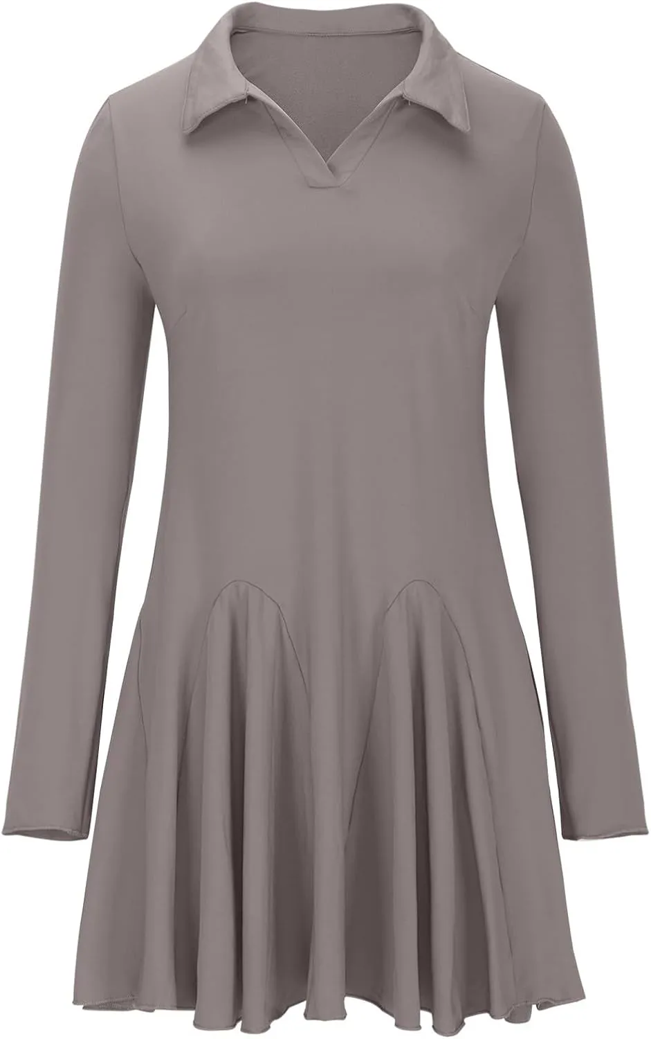 Women Lapel Collared V Neck Sweatshirt Dress Long Sleeve Loose Fit Solid Color Ruffle Mini Dresses Casual Short Dress