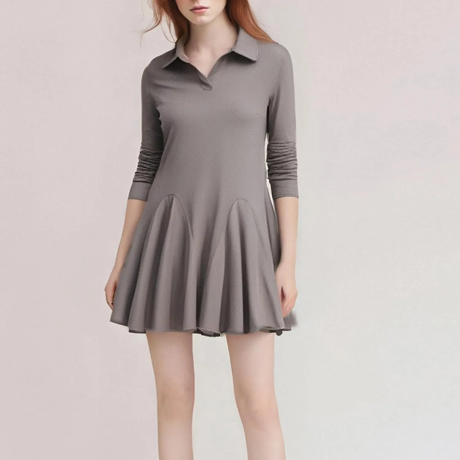 Women Lapel Collared V Neck Sweatshirt Dress Long Sleeve Loose Fit Solid Color Ruffle Mini Dresses Casual Short Dress