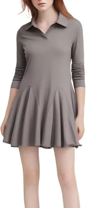 Women Lapel Collared V Neck Sweatshirt Dress Long Sleeve Loose Fit Solid Color Ruffle Mini Dresses Casual Short Dress