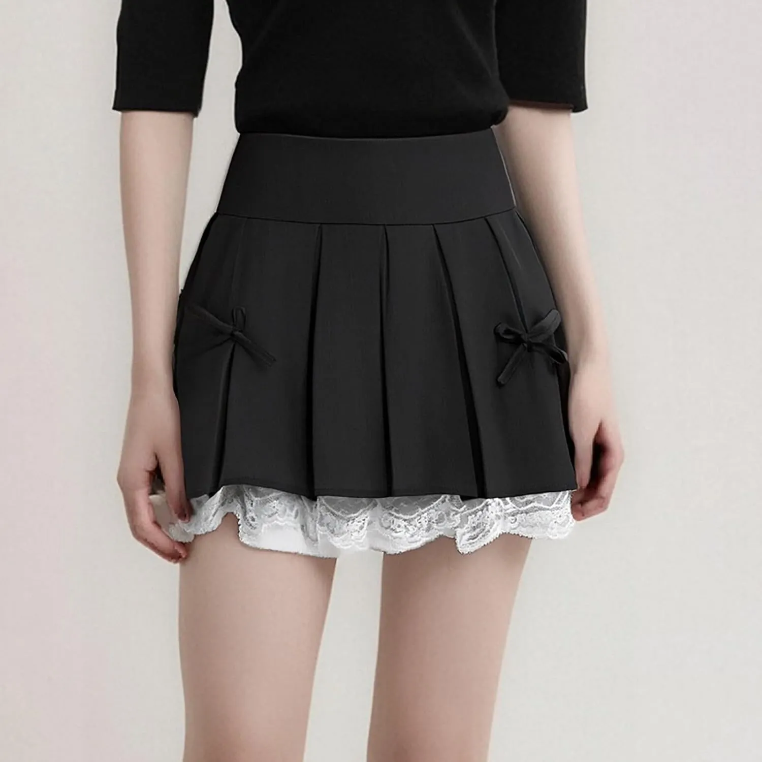 Women Pleated Skirt with Shorts Cute Bow Lace Trim Uniform Casual Skater Tennis Skirt High Waist A-Line Mini Skirts