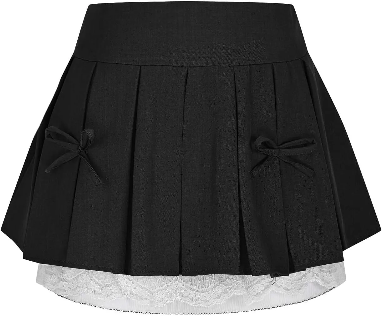 Women Pleated Skirt with Shorts Cute Bow Lace Trim Uniform Casual Skater Tennis Skirt High Waist A-Line Mini Skirts